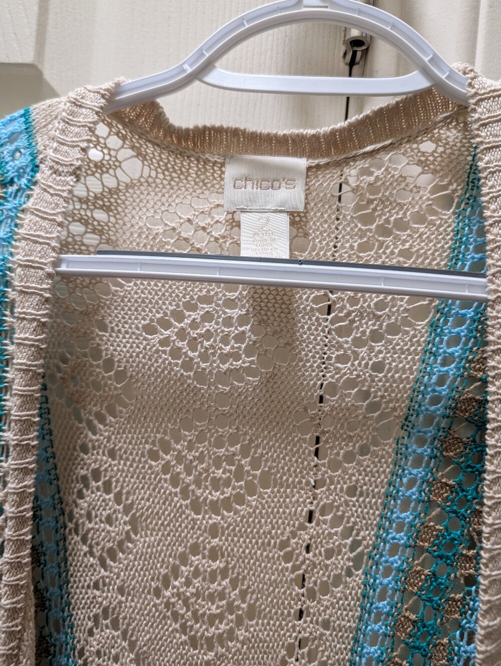 Chico's Cream Crochet Cardigan with Teal Trim